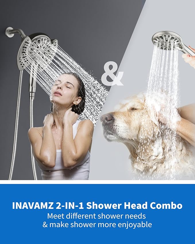 2-in-1 Shower Head with Handheld Combo: Rainfall Shower Head & Detachable Shower Head Use Together or Alone, 9 Spray Settings Showerhead with Hose Nickel, Shower Trim Systems