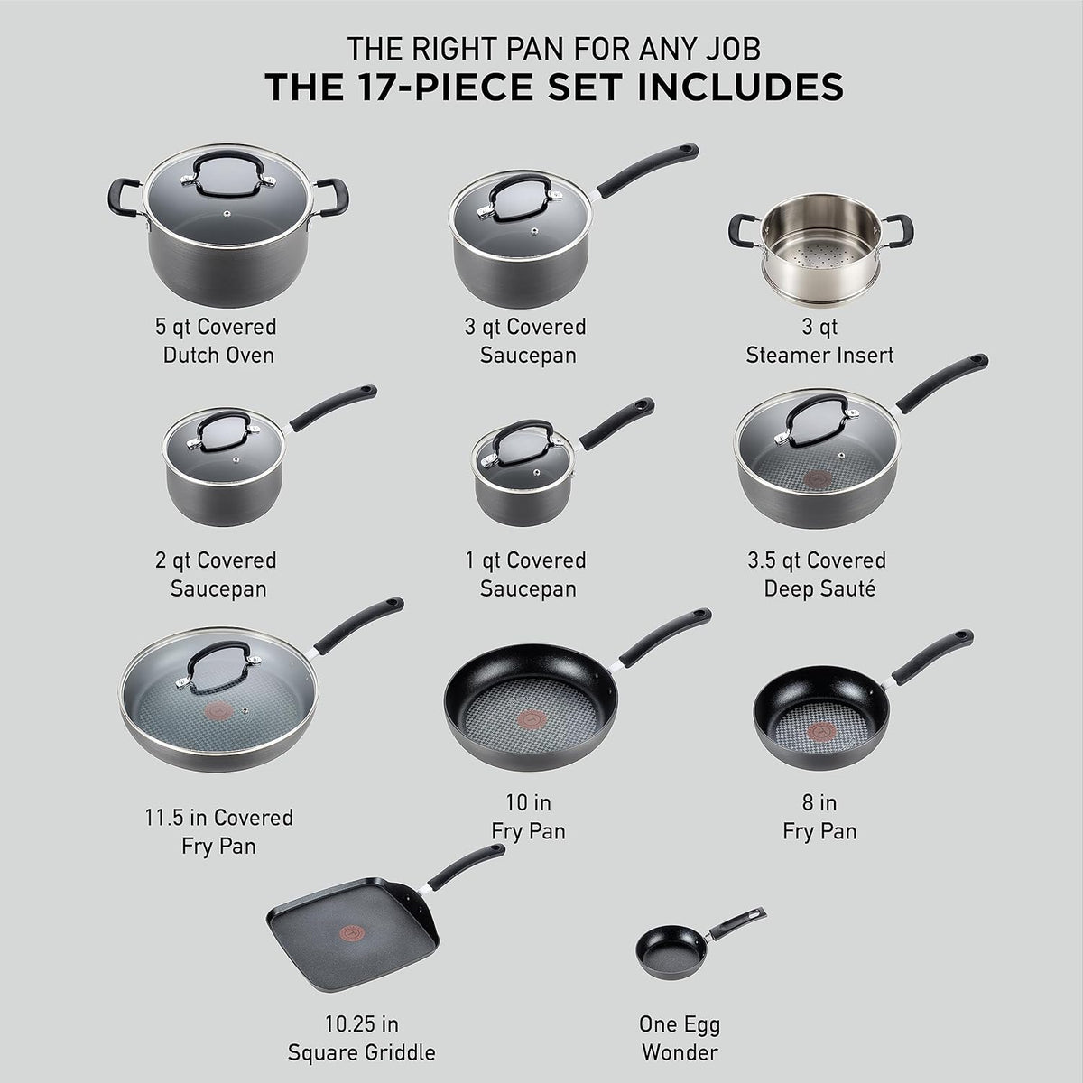 T-Fal Ultimate Hard Anodized Nonstick Cookware Set 17 Piece, Nonstick Pots and Pans Set with Fry Pan, Saucepans, Saute-Pan, Griddle, Dishwasher Safe, Black