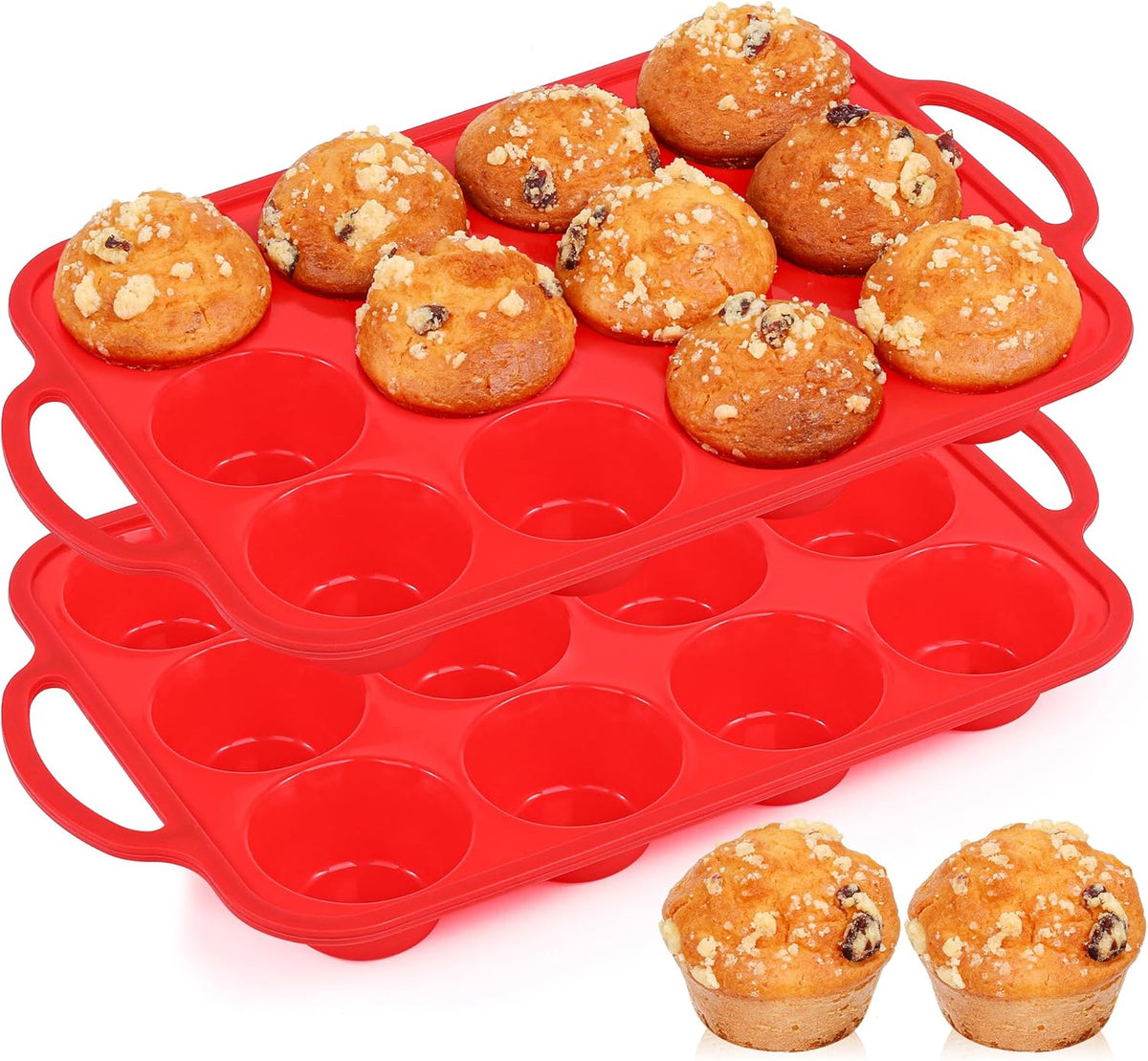 2 Pcs Silicone Muffin Pan for Baking with Metal Frame, Nonstick 12 Cup Regular Size Cupcake Pan, Silicone Muffin Tray for Egg Bites (Red)
