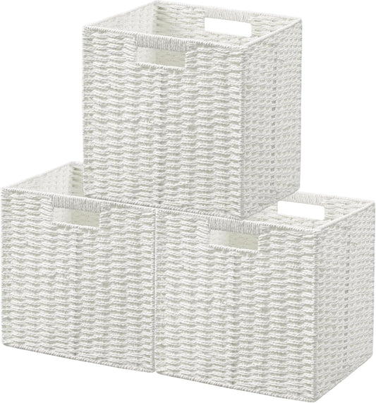 UBBCARE 3 Pack Wicker Basket, 11L×11H×10.5W inch Woven Paper Rope Storage Baskets for shelves, Foldable Cube Storage bin with Handle, Storage Basket for Organizing & Decor, White