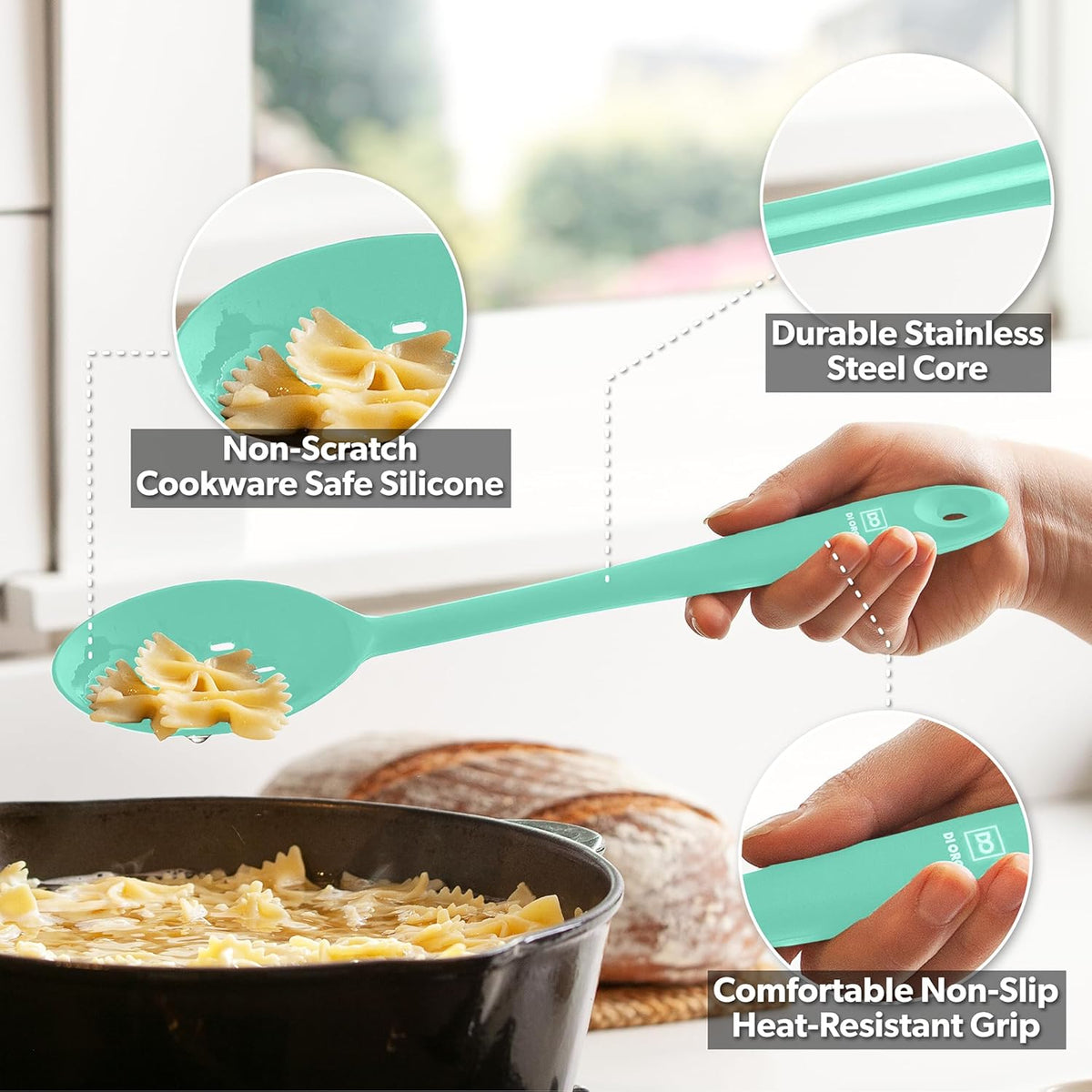DI ORO Silicone Spoons for Cooking - Large Kitchen Spoons for Mixing, Serving, & Stirring - 600°F Heat-Resistant Non Stick Utensils – Big Solid & Slotted Basting Spoons - Dishwasher Safe (2pc, Mint)
