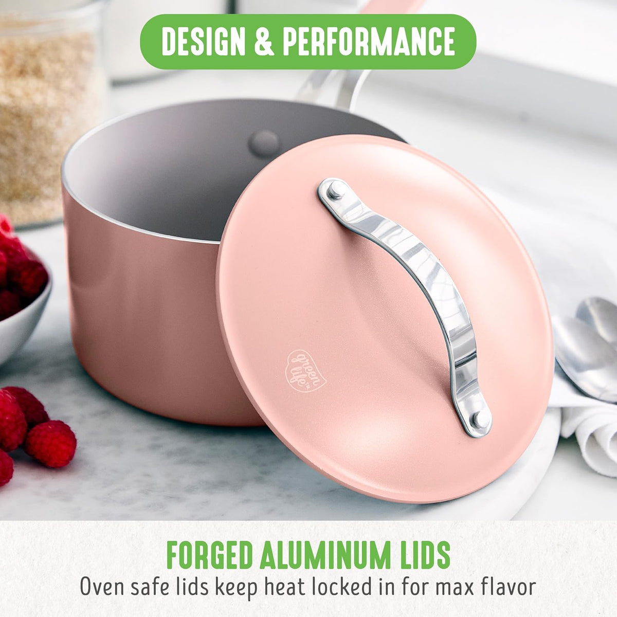 GreenLife 2 Quart Nonstick Saucepan with Lid, Lightweight Healthy PFAS-Free Milk Pan, Dishwasher & Oven Safe Soup Pan, Durable Body, Silicone Stay-Cool Handle, Easy Release Chef’s Pan, Pink