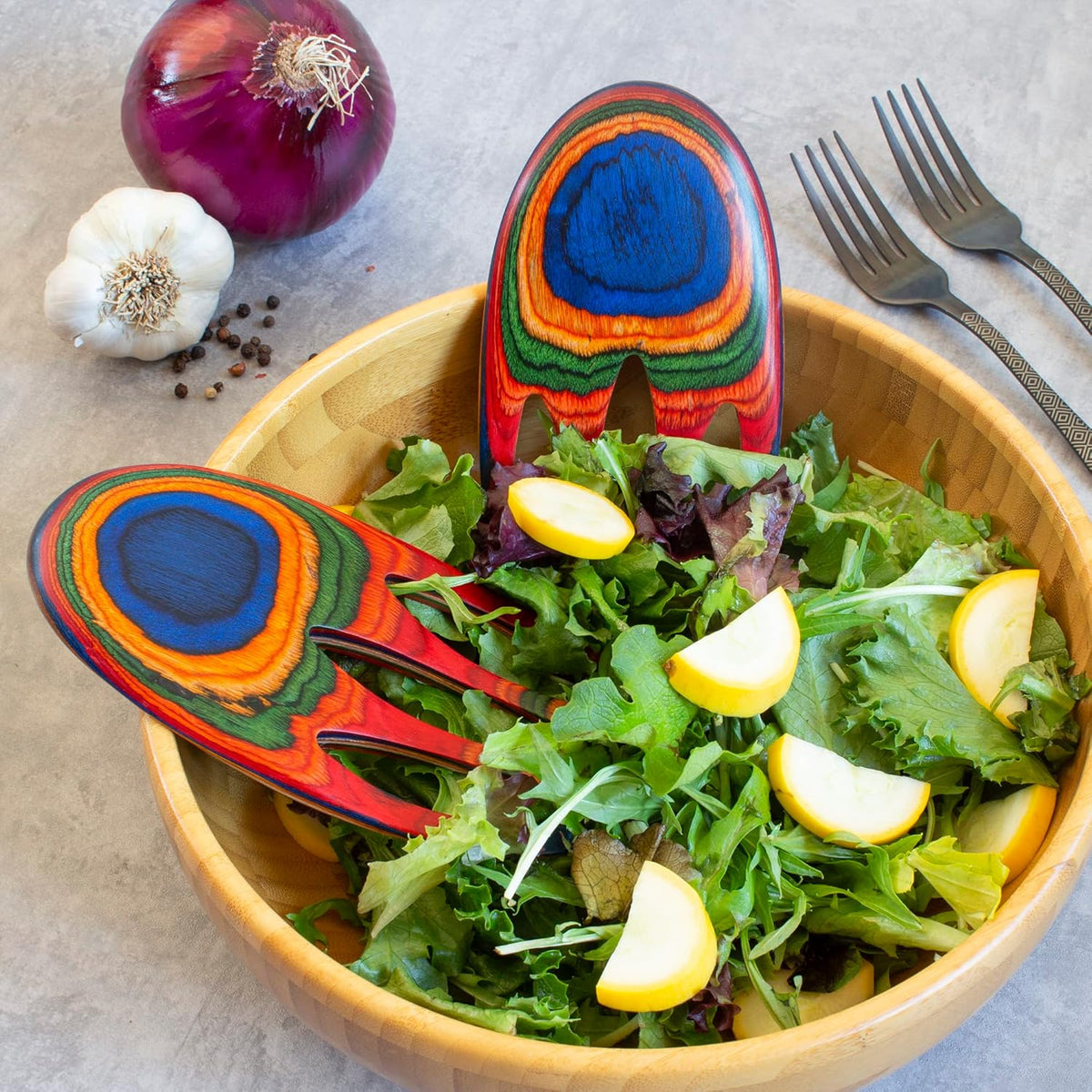 Totally Bamboo Baltique Marrakesh Collection Salad Hands Serving Utensil Set, Colorful Wooden Salad Servers