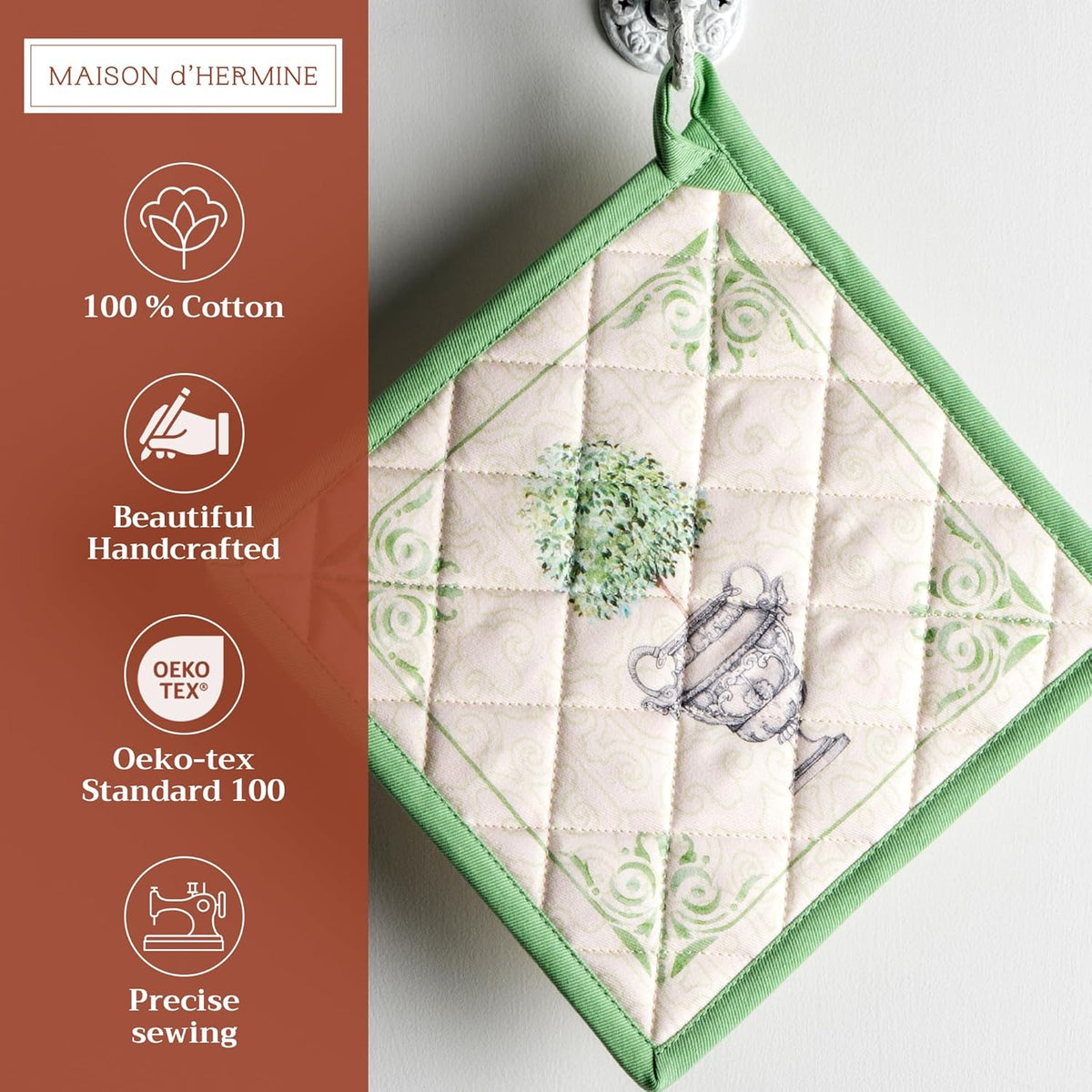 Maison d' Hermine Pot Holders 100% Cotton Heat Resistant Potholders 8" x 8" Hot Pads with Loop BBQ, Cooking, Baking, Grilling, Kitchen, Handling Hot Pans Spring/Summer (Pack of 1, Jardin Du Roy)
