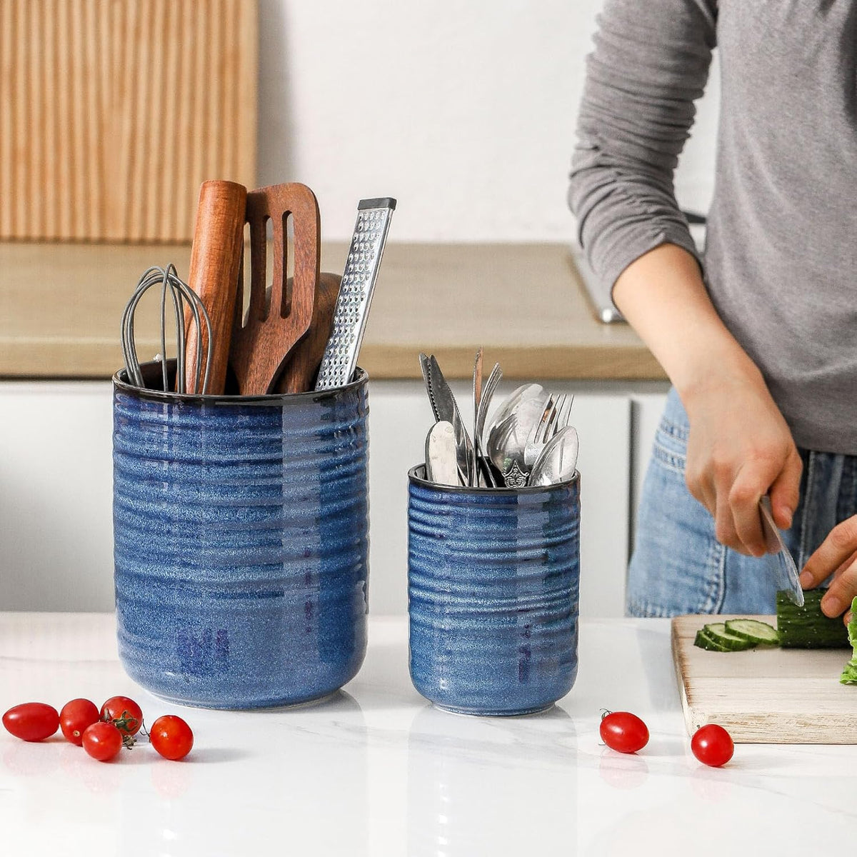 Hasense Utensil Holder, 7.4” + 5.4” Ceramic Cooking Utensil Crock for Kitchen Counter, 2 Pack Utensil Caddy Utensil Organizer for Spatula and Spoon Kitchen Decor, Navy Blue