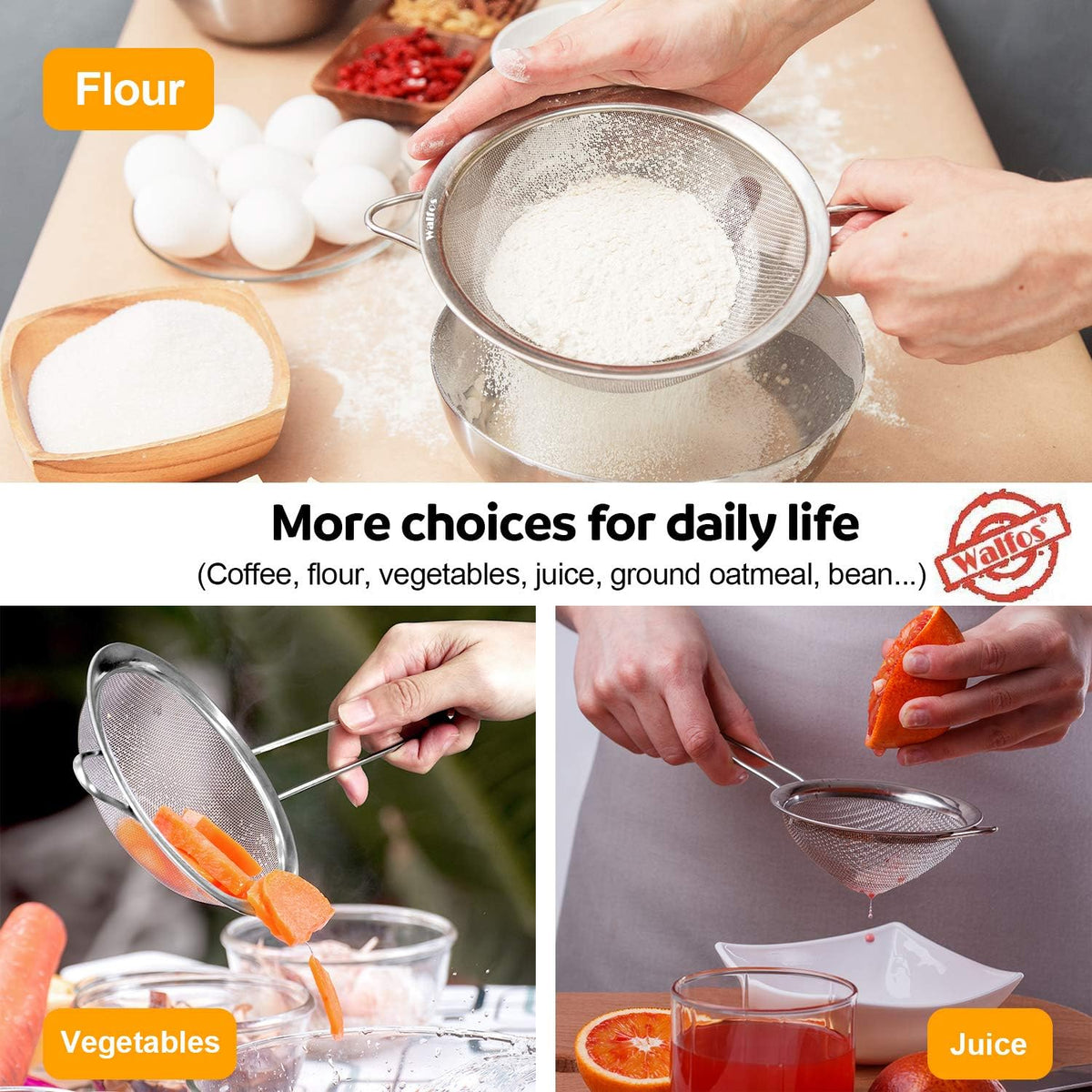 Walfos 4.7 Inch Fine Mesh Strainer, Premium Stainless Steel Colanders and Sifters, with Reinforced Frame and Sturdy Handle, Perfect for Sift, Strain, Drain and Rinse Vegetables, Pastas and Tea