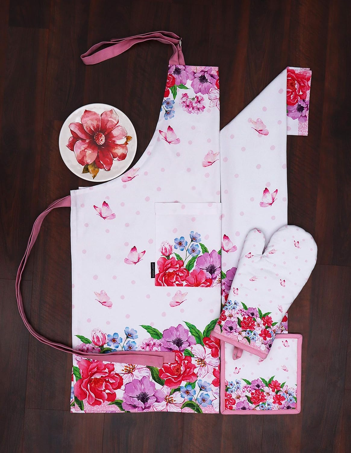 AMOUR INFINI Cotton Aprons for Women with Pocket, Adjustable Strap & Waist Ties - Washable Aprons for Baking, Cooking, Gardening (27.5 x 33 Inches - Spring Floral)