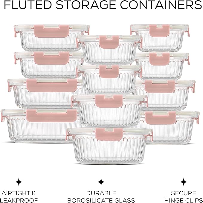JoyJolt 24pc Borosilicate Glass Storage Containers with Lids | 12 Airtight/Freezer Safe Food Storage Containers for Pantry and Kitchen | Meal Prep Container for Lunch | Glass Tupperware Set