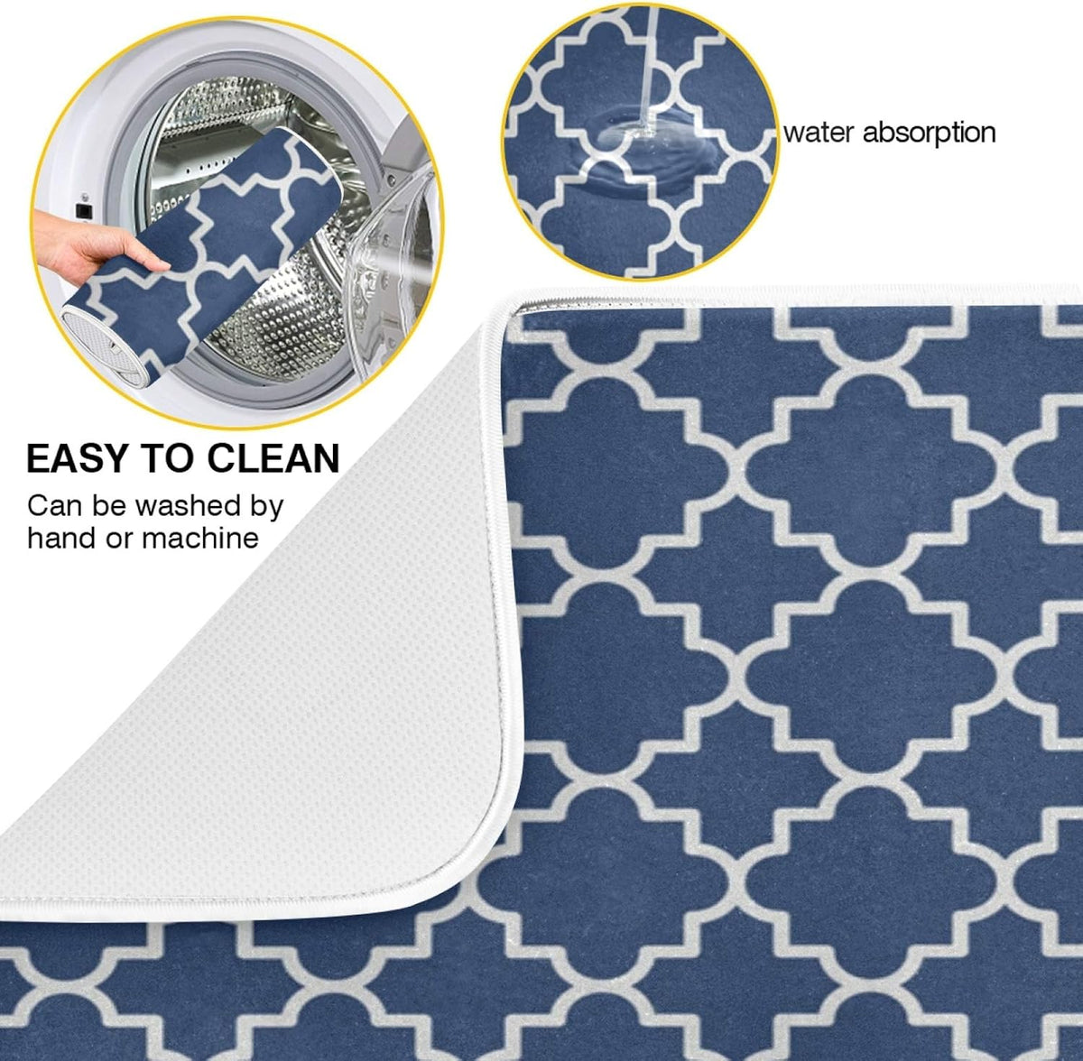 Super Absorbent Dish Drying Mat Microfiber Fast-Drying Dish Mat 16" x 18" Kitchen Dish Drying Pad Watercolor Cute Navy Blue Moroccan