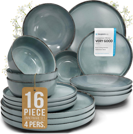 Stoneware dinnerware set 4 persons Rustic 16 pcs - Rustic design dinnerware set, dishwasher safe - Bowl and plate set - Pure Living dinnerware in smoky blue…