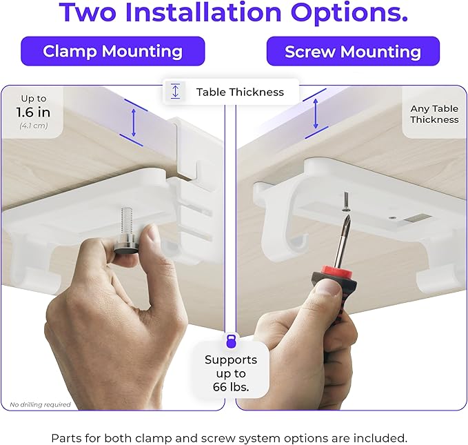 Ascrono Original No Drill Under Desk Cable Management Tray 27.3" - Premium White Fabric Cable Management Under Desk - Clamp/Screw Mount Cord Organizer - Supports Upto 66lbs