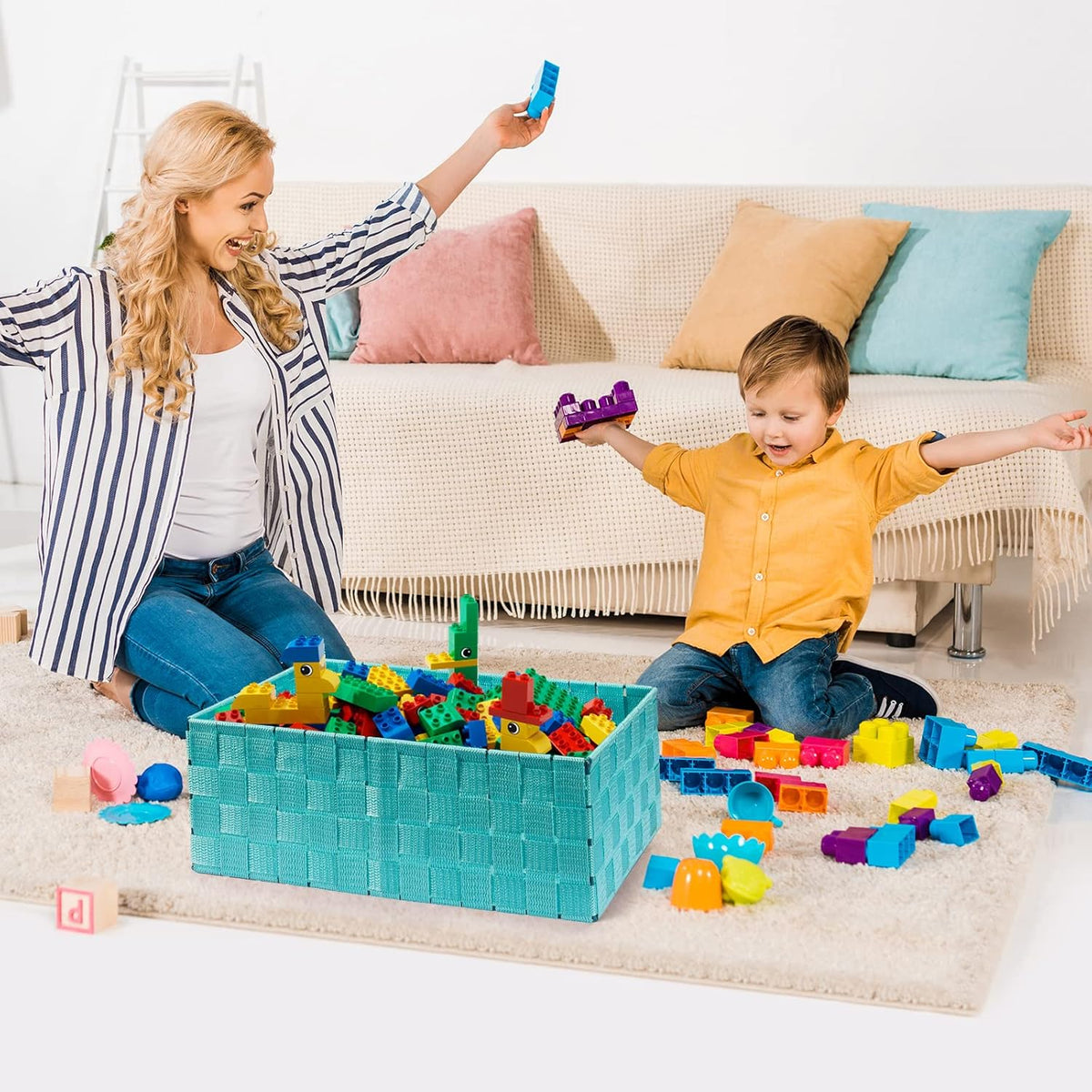 Woven Storage Baskets, Storage Bins, Cube Basket Container Baskets Storage Boxes Organizers for Clothes /Shelves/ Closet, Set of 6 (Aqua)