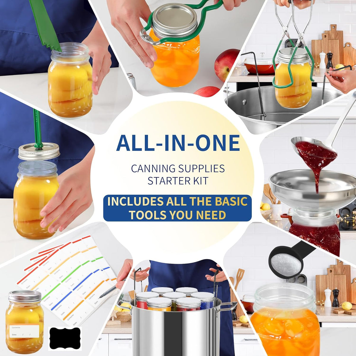 Canning Supplies Starter Kit,Canning Kit for Beginners of 11 with Rack, Jar Lifter，Funnel,Wrench,Tongs,Lid Lifter,Bubble Popper,Labels,ladle,Measuring Spoon-Deep Green