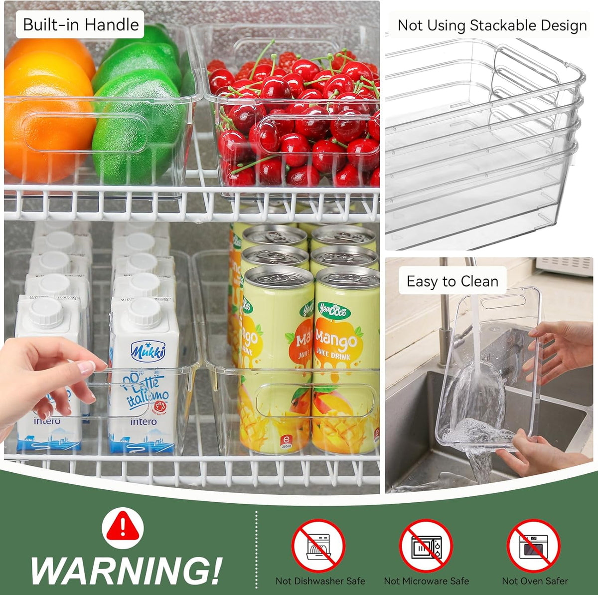 HOMER Set of 6 Refrigerator Organizer Bins, Pantry Organization and Storage Bins, Fridge Organizers with Cutout Handles, Clear Plastic Storage Bins for Pantry - BPA Free Kitchen Organizers