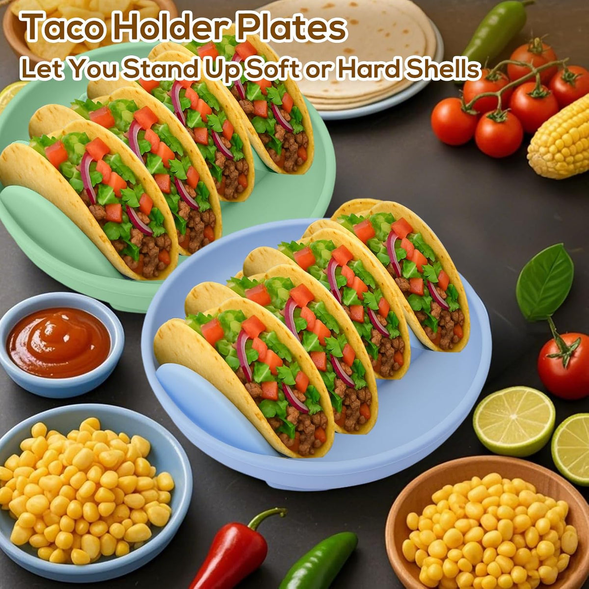 Silicone Taco Holder Plates Set of 3 - Reusable Taco Stand Plates with 4-Shell Slots, Oven/Microwave/Dishwasher Safe, Non-Slip Base for Tortillas Party Serving, Family Dinner & Meal Prep Accessories