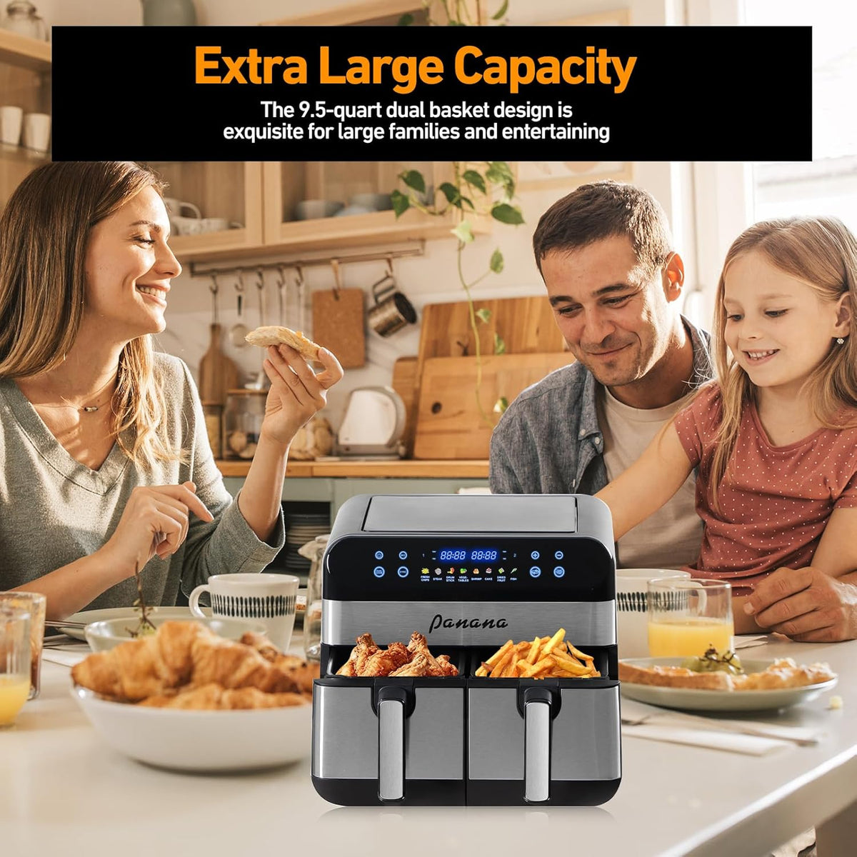 Panana XL 9.5 Quart 8 Preset Cooking Functions 2-Basket Air Fryer with 2 Frying Baskets, Match Cook & Smart Finish to Bake, Roast, Reheat, Broil, Dehydrate & More for Quick, Easy Meals