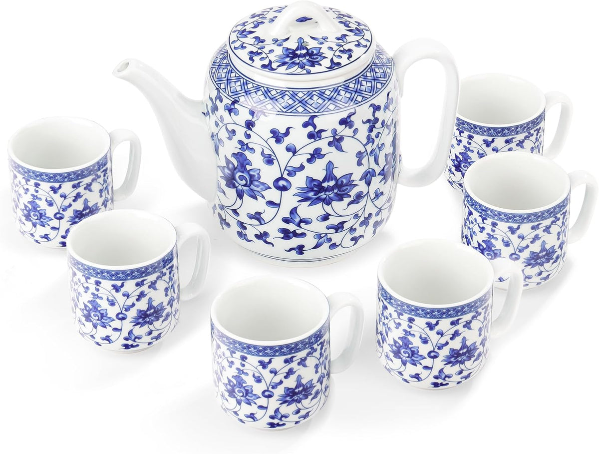 fanquare Chinese Blue and White Porcelain Teapot Set Traditional Kung Fu Tea Sets with 6 Cups for Loose Leaf Tea Adults