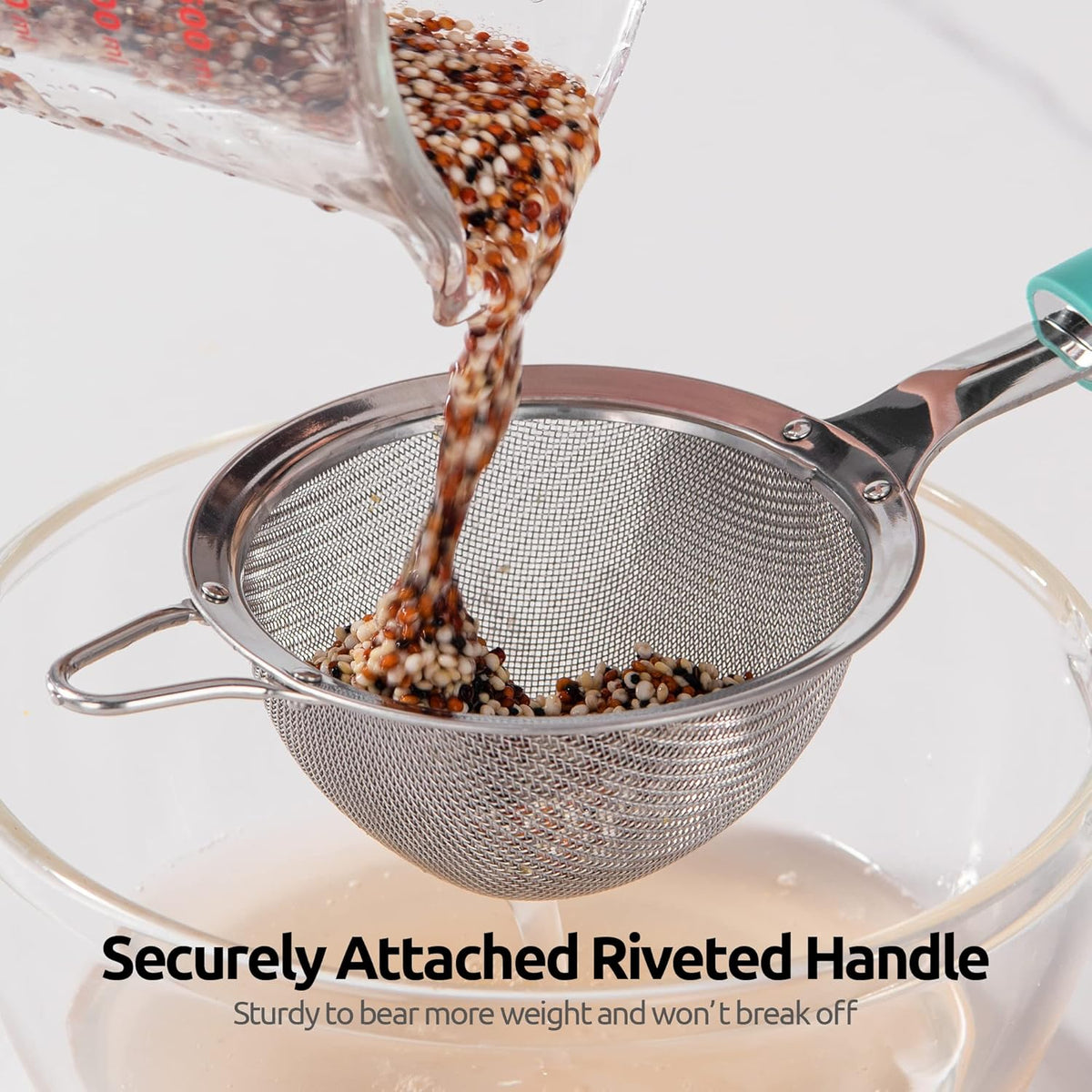 18/8 Stainless Steel Mesh Strainer: U-Taste 3.9 Inch Kitchen Fine Mesh Sieve Food Colander with Riveted Sturdy Silicone Handle and 30 Mesh Hole for Straining Flour, Quinoa, Tea, Juice (Aqua Sky)