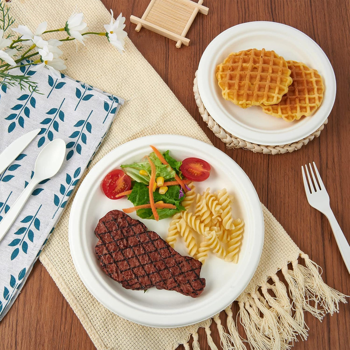 ECOLipak 120 Pack Compostable Paper Plates, 9 inch and 7 inch Heavy Duty Disposable Paper Plates, Eco friendly Sugarcane Biodegradable for Party Dinner Birthday