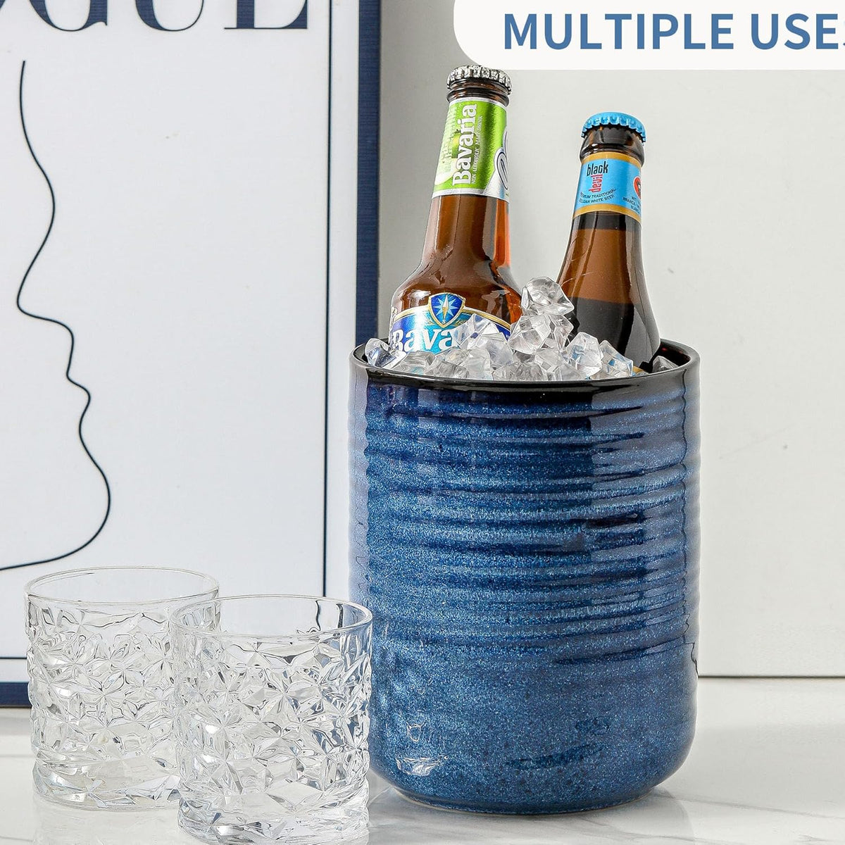 Hasense Kitchen Utensil Holder, 7.4" x 6.2" Ceramic Utensil Holder for Countertop, Stable Cooking Utensil Organizer Crock for Spatula, Modern Kitchen Decor for Christmas, Blue