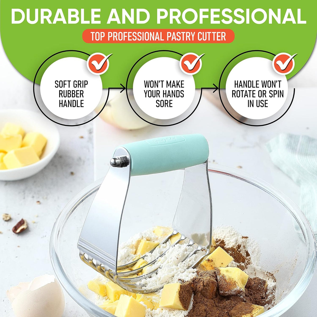 Spring Chef Dough Blender, Top Professional Pastry Cutter, Heavy Duty Baking Tool with Stainless Steel Blades, Medium Size, Mint