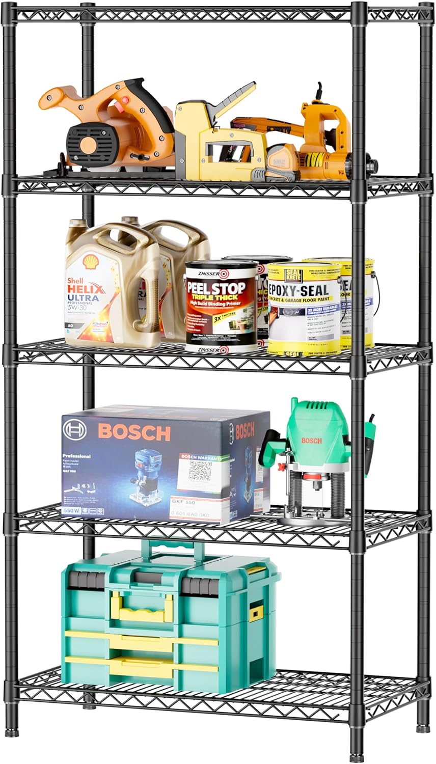 SINGAYE 5 Garage Heavy Duty Shelving Unit Kitchen Pantry Close Home Organizers and Storage Bathroom Shelf Laundry Room Organization Industrial Book Metal Wire Adjustable Shelves