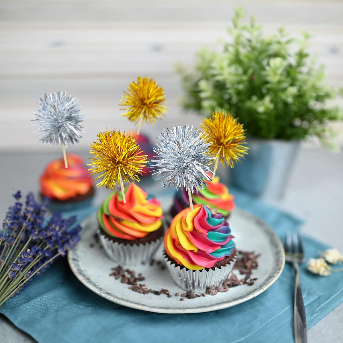 Gyufise 30Pcs Foil Firework Cupcake Toppers Sparkle Tinsel Cake Toppers Tinsel Drink Cake Decoration Cocktail Picks for Birthday Wedding Graduation Party Supplies Gold Silver