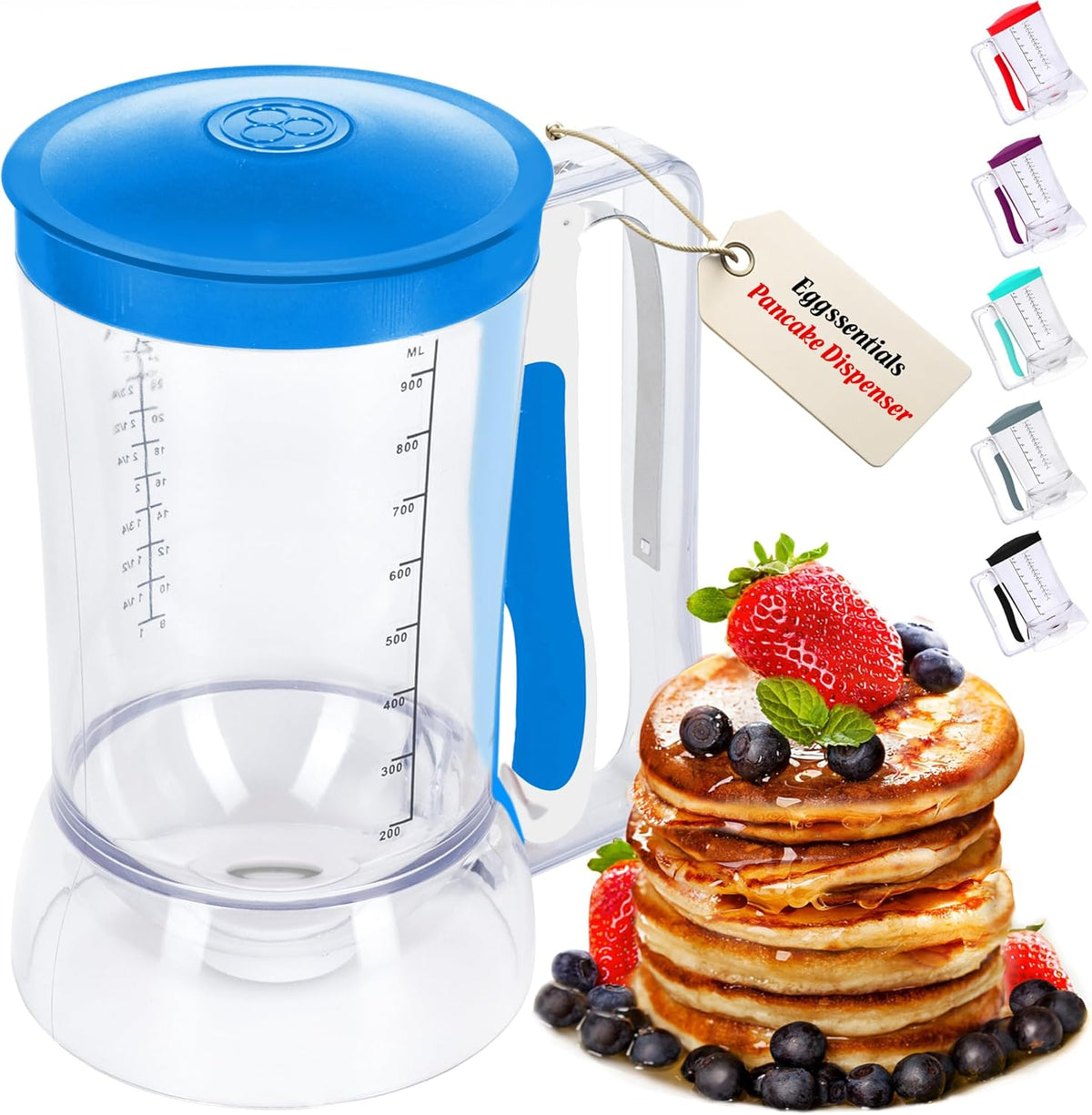 Eggssentials Batter Dispenser – Easy Pour Pancake Batter Dispenser for Cupcakes, Muffins, Waffles & Griddle – Kitchen Baking Tool BPA-Free - Blue Color