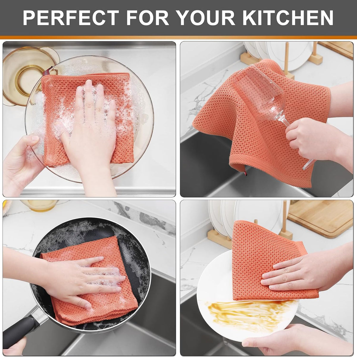 Kitinjoy 100% Cotton Kitchen Dish Cloths, 6 Pack Waffle Weave Ultra Soft Absorbent Dish Towels for Drying Dishes Quick Drying Kitchen Towels Dish Rags, 12 X 12 Inches, Coral