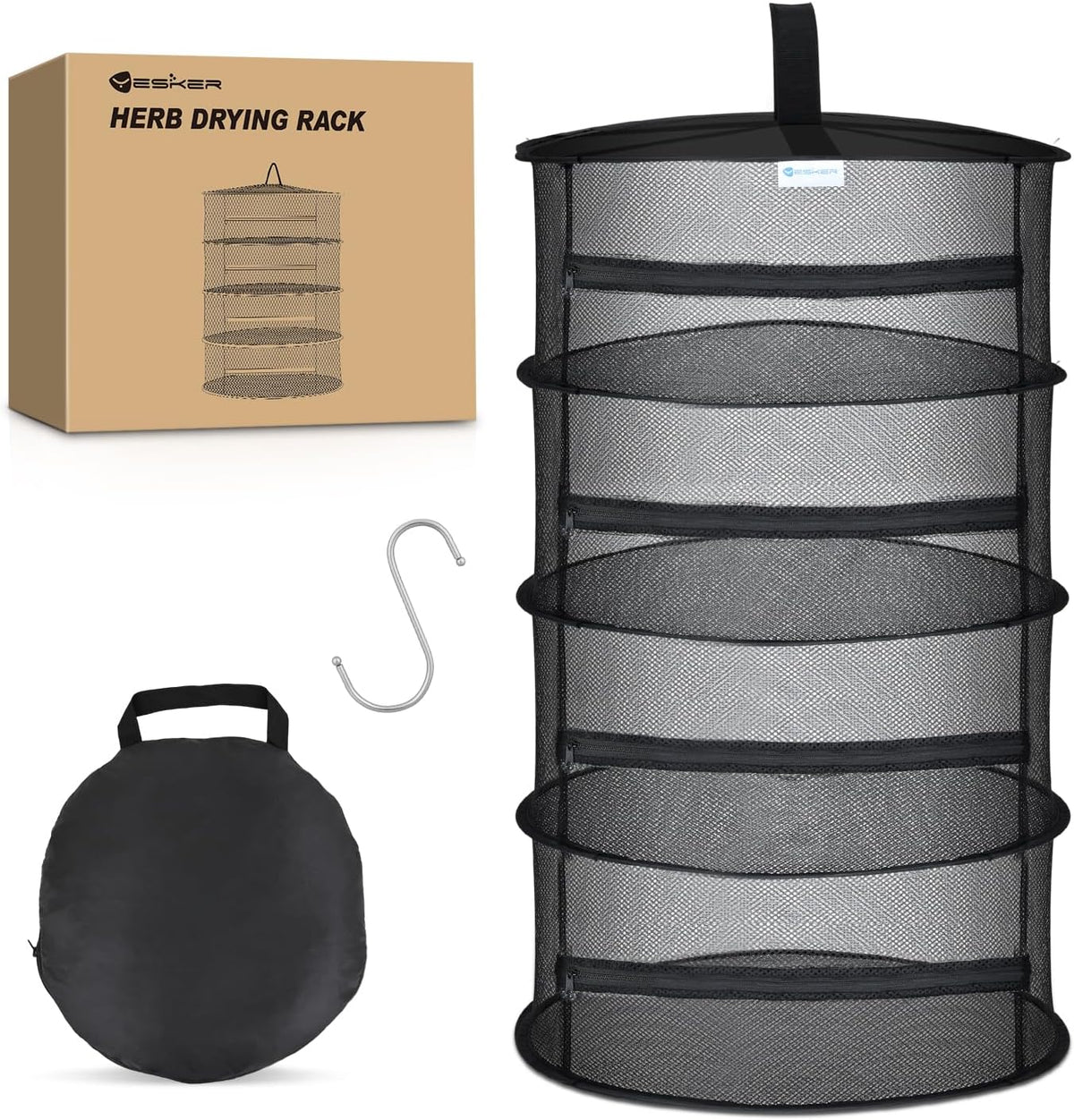 Yesker 4 Layer Herb Drying Rack Hanging Mesh Net Foldable Plant Drying Racks 18" Diameter with Black Zipper & Hook Dryer Hanging Rack for Herbs Seed Bud Fruit Clothes Grow Tent Closets Garden Outdoor