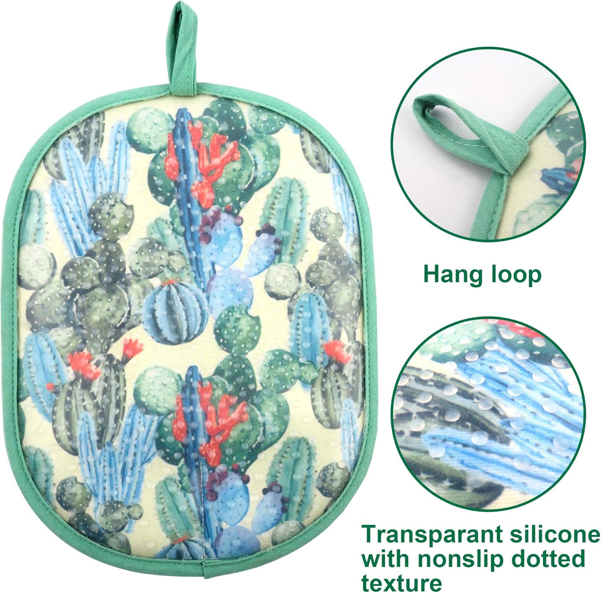 Pot Holders Set of 2 with Transparent Clear Silicone Shell and Nice Cactus Flower Cotton Lining, Heat Resistant to 500 F Kitchen Oven Gloves Pot Holder for Cooking (Cactus Flower, Potholders)