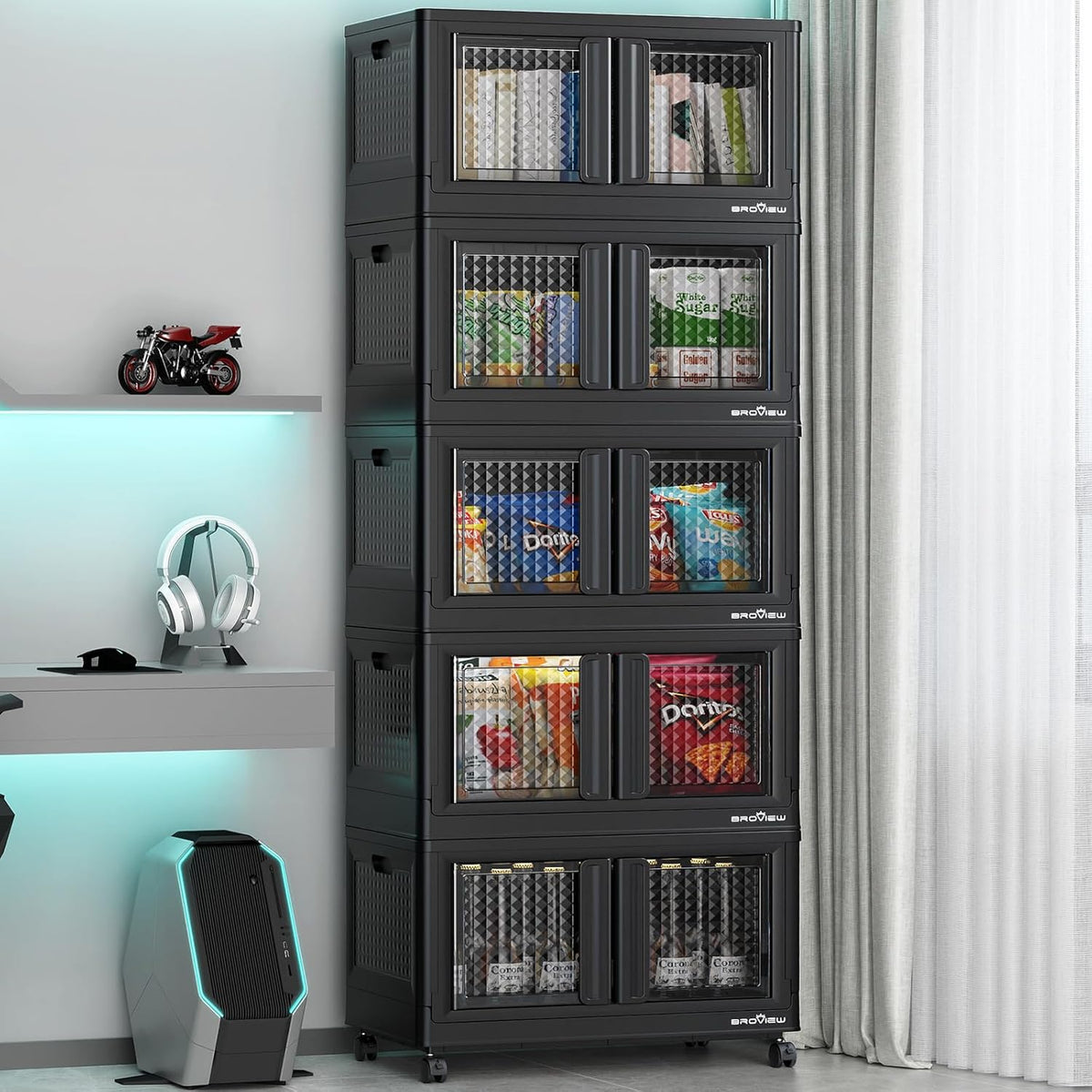 500Qt Stackable Storage Bins with Lids, 125Gal Closet Organizers and Storage Drawer, Plastic Collapsible Storage Bins with Doors, Heavy Duty Store Box Cabinet for Home Office, 5Pack Black