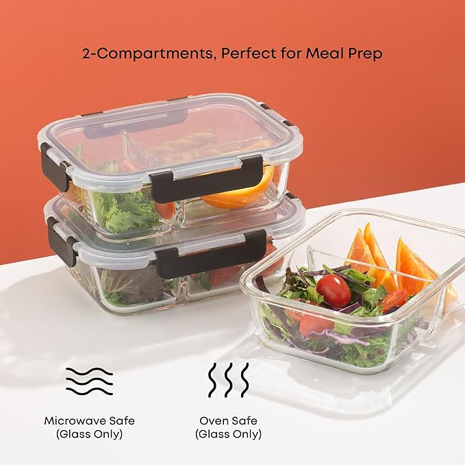 JoyJolt Divided Food Storage Containers with Lids Airtight. 5 Pack Glass Meal Prep Containers 2 Compartment Set Glass Bento Box. Reusable Food Containers, Portion Control Containers for Weight Loss