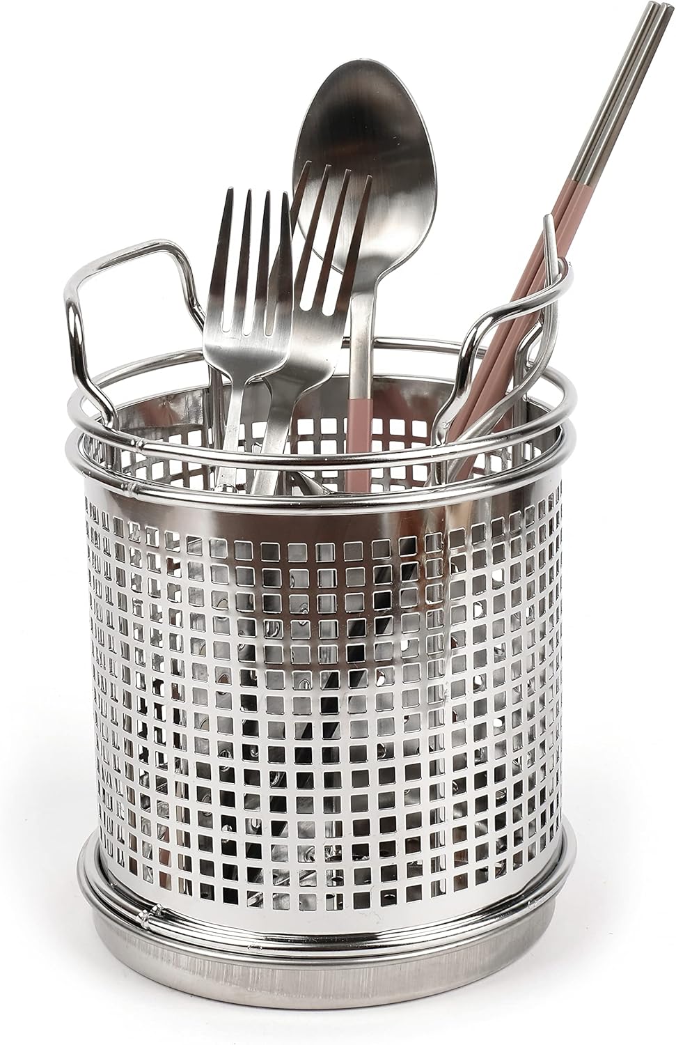 LENITH Stainless Steel Kitchen Round Utensil Holder - Weighted Base for Stability - Utensil Crock With Removable Divider for Easy Cleaning (Round Tulip)