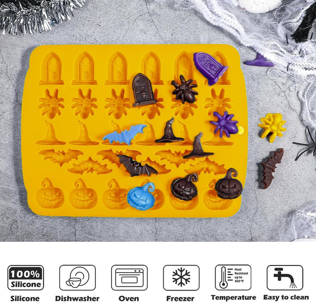 Halloween Chocolate Mold Silicone,30 Cavity Candy Gummy Mold with Pumpkin Wizard Hat Bat Spider Tombstone for Baking Chocolate Jelly Gummy Dessert
