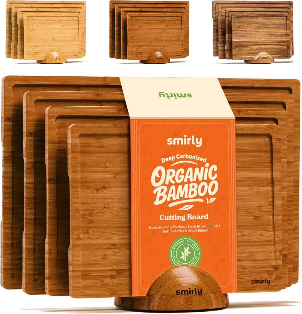 SMIRLY Bamboo Cutting Boards, Brown Bamboo Wood Cutting Board for Kitchen, Set of 4 with Holder & Deep Juice Groove, Butcher Block for Chopping Meat, Charcuterie Cheese Serving Tray, Kitchen Gadgets