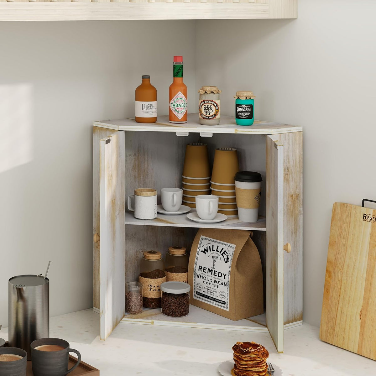 Corner Bread Box for Kitchen Counter Double Layer Bamboo Bread Storage Container Large Capacity Bread Storage Bin Farmhouse Breadbox Organizer