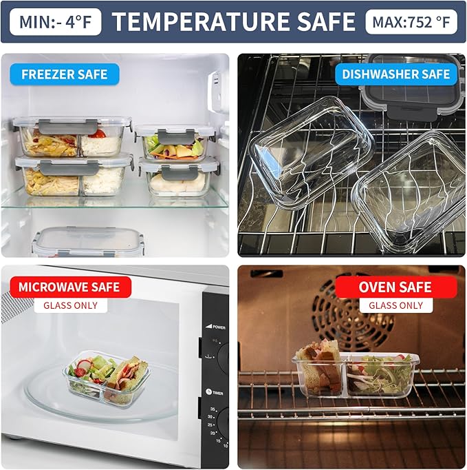 2 Compartment Glass Meal Prep Containers, 6 Pack Reusable Food Storage Containers with Lids, Lunch Containers for Adults, Portion Control, Airtight, Freezer to Microwave Safe(34oz+22oz)