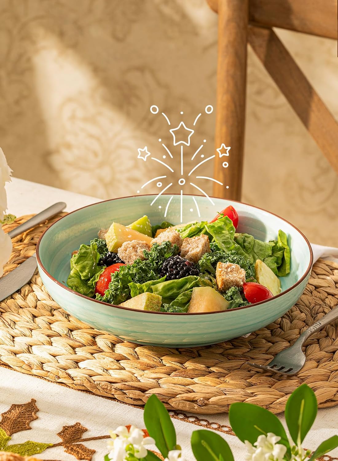 Sweese Pasta Bowls Set of 6, 30 Ounce Ceramic Salad Plates for Dishwasher & Microwave Safe - Solid Salad Bowls, Soup Bowls - Deep Plates Lipped Edges, Oven Safe Porcelain Plates Serving Bowls