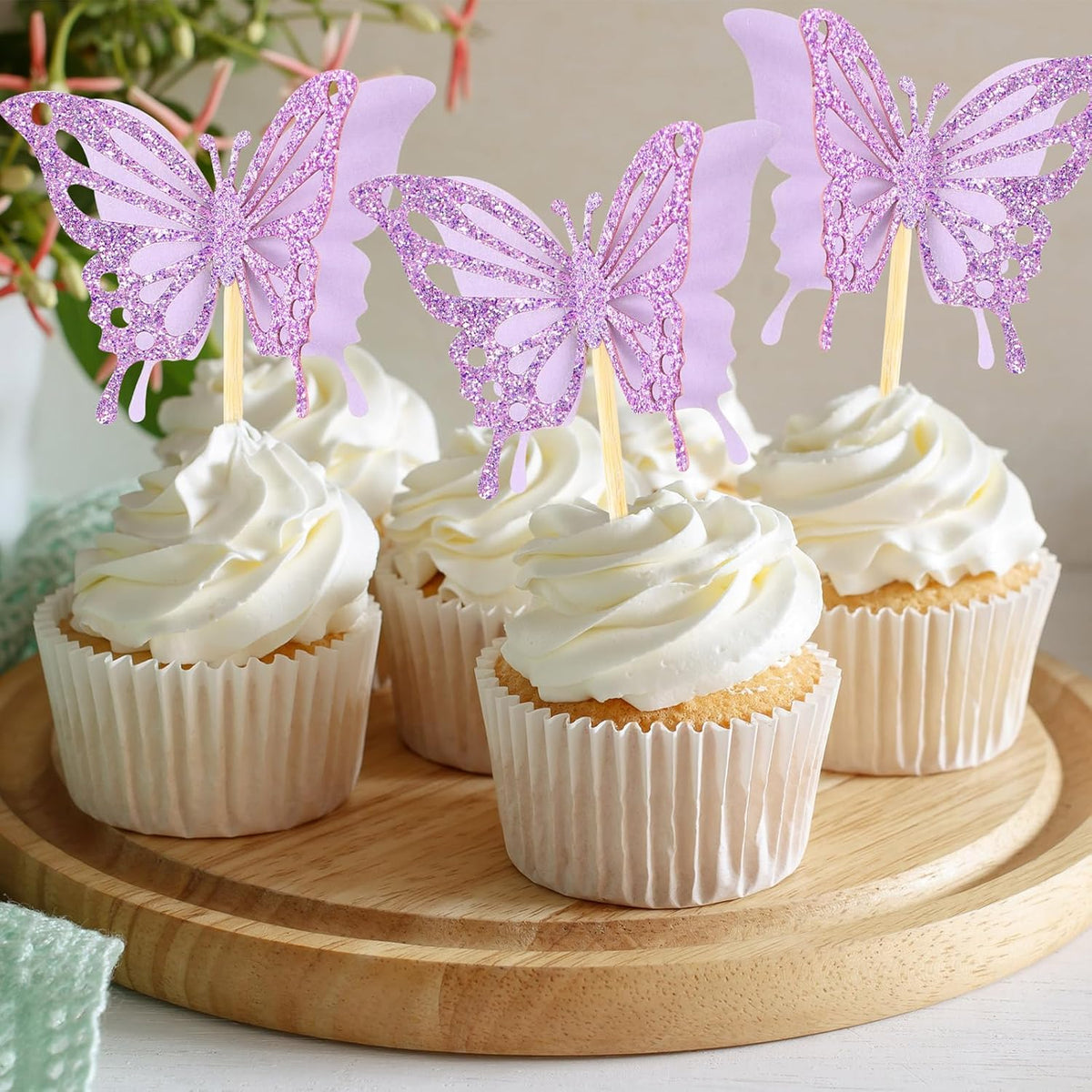 Chinco 48 Pcs Butterfly Cupcake Toppers Assembled Double Layer Cupcake Topper 3D Glitter Cake Topper Butterfly Cocktail Pick Decoration for Baby Shower Birthday Wedding(Glitter Purple,Retro Style)