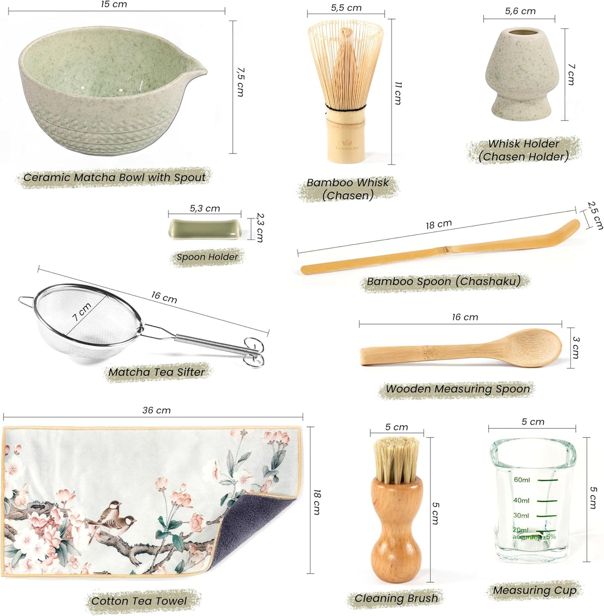 10 Pcs Matcha Whisk Set - 15 OZ Matcha Bowl with Spout and Whisk Holder & Measuring Cup - Bamboo Matcha Scoop and Spoon - Stainless Steel Sifter - Cleaning Brush - Matcha Kit for Japanese Tea Ceremony