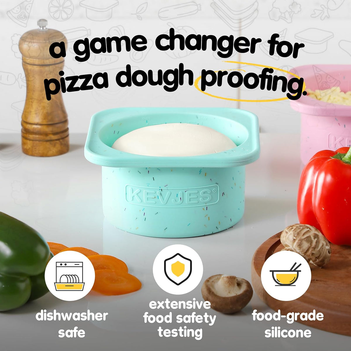 PLUS 1000ml Pizza Dough Proofing Containers for DIY family Artisan Pizza, Food Grade Silicone Stackable Boxes with Lids, Freezer, Fridge, Dishwasher Safe-Sprinkles Pattern-3 Pack (Bondi Mint)
