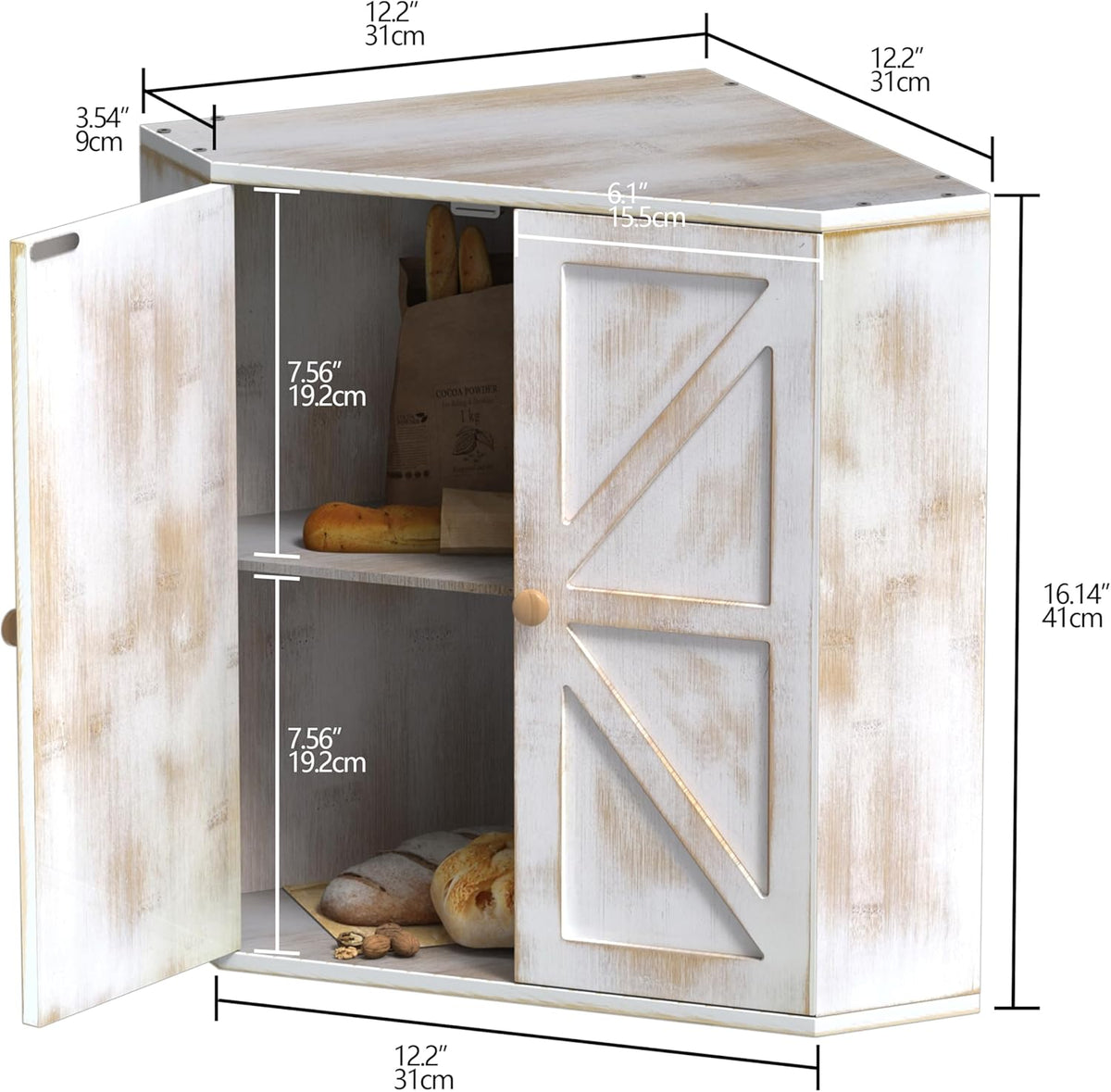 Corner Bread Box for Kitchen Counter Double Layer Bamboo Bread Storage Container Large Capacity Bread Storage Bin Farmhouse Breadbox Organizer