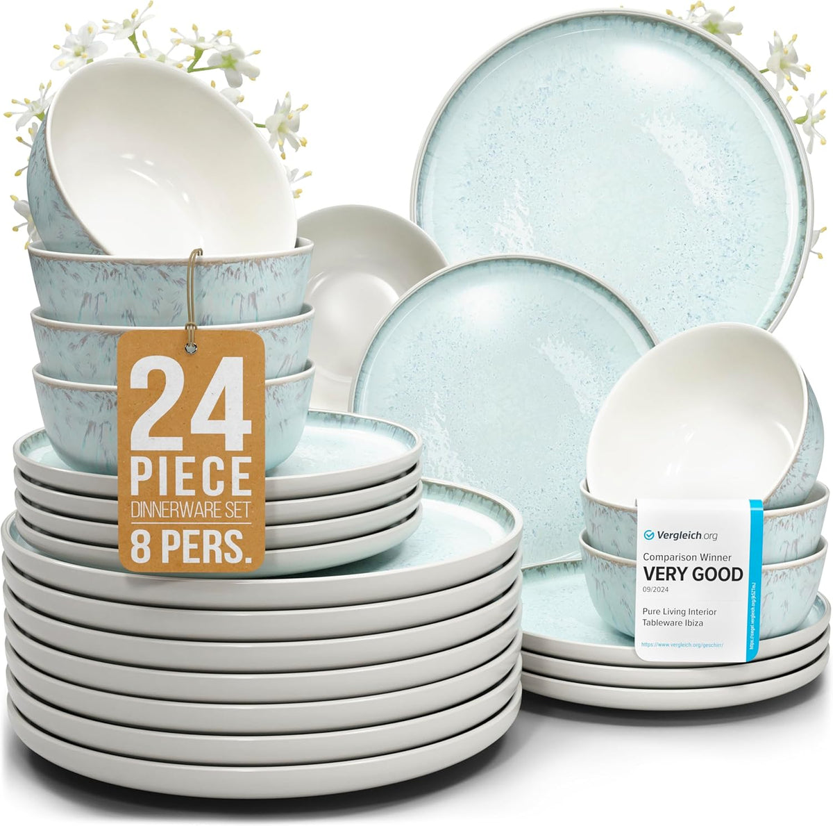 24 Piece Dinnerware Sets for 8 - Modern Style Stoneware Dinnerware Set - Microwave Safe Dinner Plates and Bowls Sets for 8, Ceramic Dish Set, Bowl and Plate Sets for 8, Beige Light Blue Set for 8…