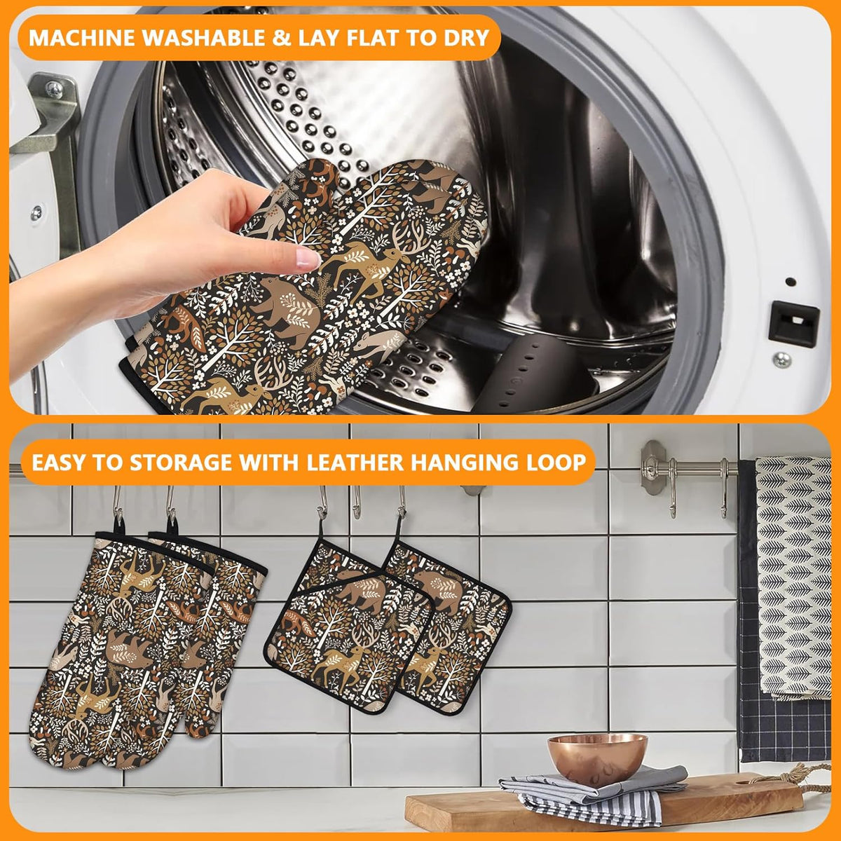 Bear Deer Oven Mitts and Pot Holders Sets 4Pcs,Extra Long Oven Gloves Potholder for Kitchen Cooking Baking BBQ 100% Cotton Heat Resistant