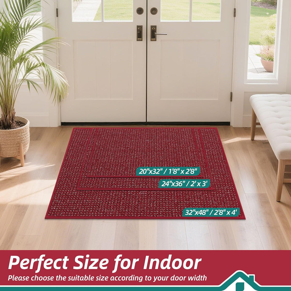 BEQHAUSE Dirt Trapper Door Mat 20" x 32", Non-Slip Washable Doormats Entrance Mat, Dirt Resistant and Absorbent Welcome Mat, Low Profile Floor Mats for Front Back Door and Entryway, Red