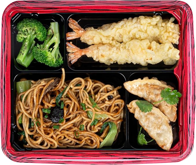 Restaurantware Bento Tek 15.2 Ounce Meal Prep Containers, 100 Disposable To Go Food Boxes - Lids Sold Separately, 4 Compartments, Red And Black Plastic Bento Lunch Boxes, Freezable, For Take Out