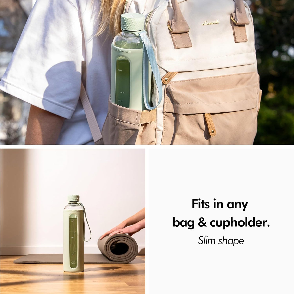 KIVY Glass Water Bottle with Silicone Sleeve 32 oz [WITH MEASUREMENT] - Borosilicate Glass Water Bottle Screw Top - Clear Bottles with Measurement Marking - Sage Green Waterbottle