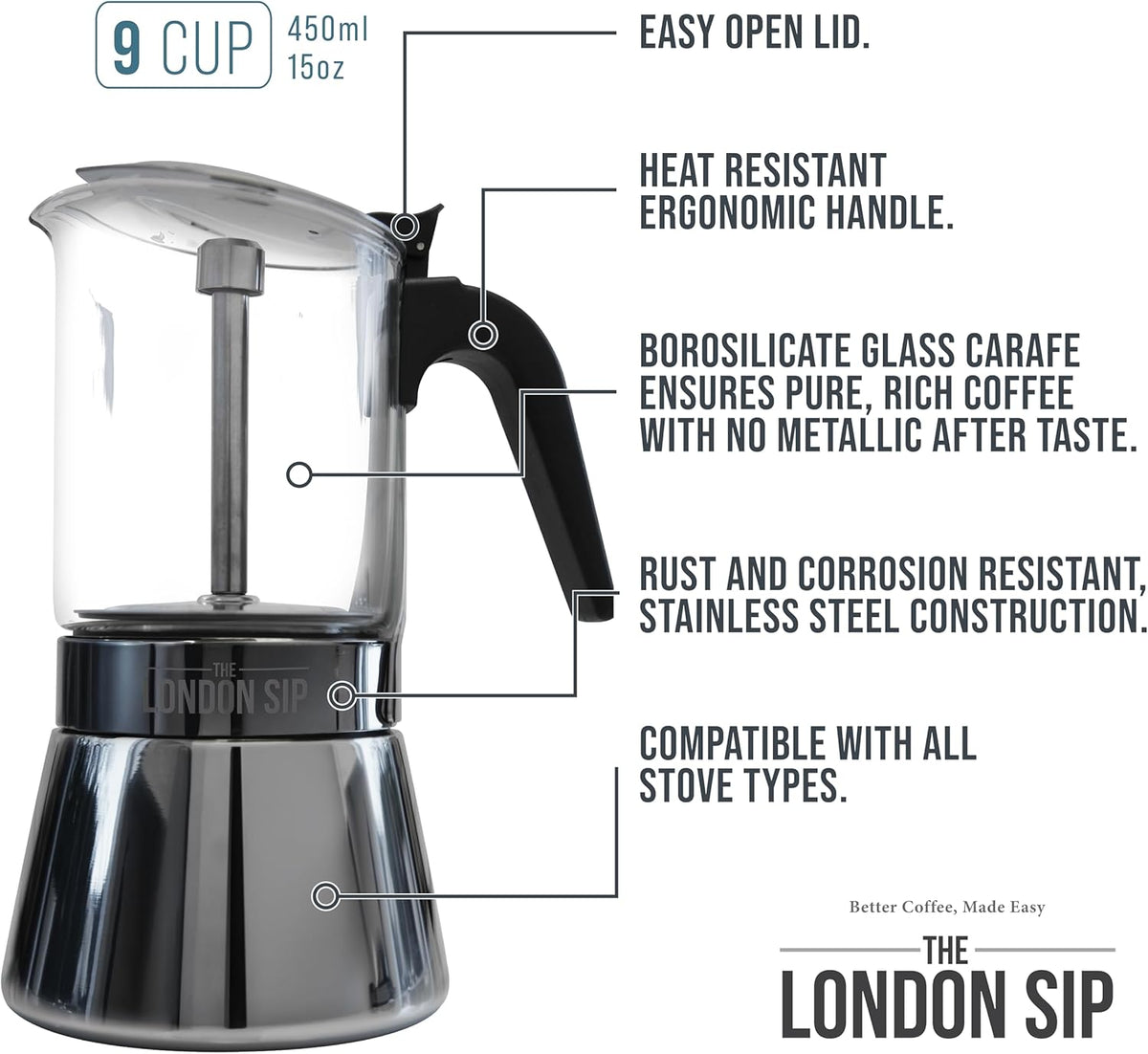 London Sip Glass and Stainless Steel Stovetop Espresso Maker Moka Pot Italian Coffee Percolator, Matte Black, Large (15.2 oz)