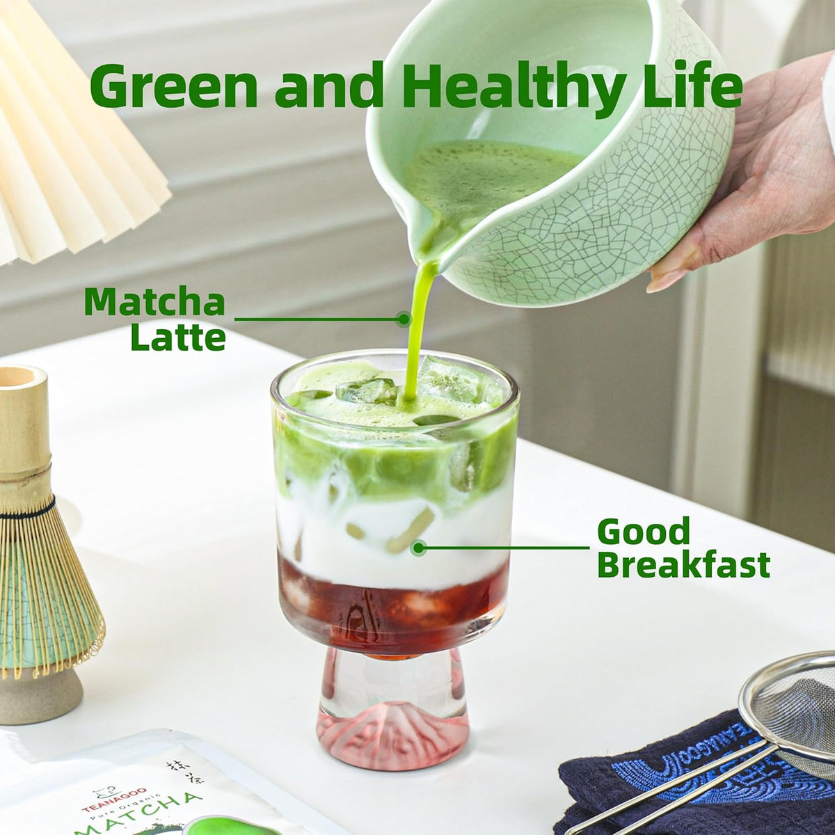 TEANAGOO Matcha Whisk Set Green,7 Pcs Matcha Set,Matcha Starter Kit for Ceremony,Matcha Tea Set for Making Breakfast/Latte,Green Matcha Bowl(Chawan) whith Spout and Whisk,Gift for Friend/Family